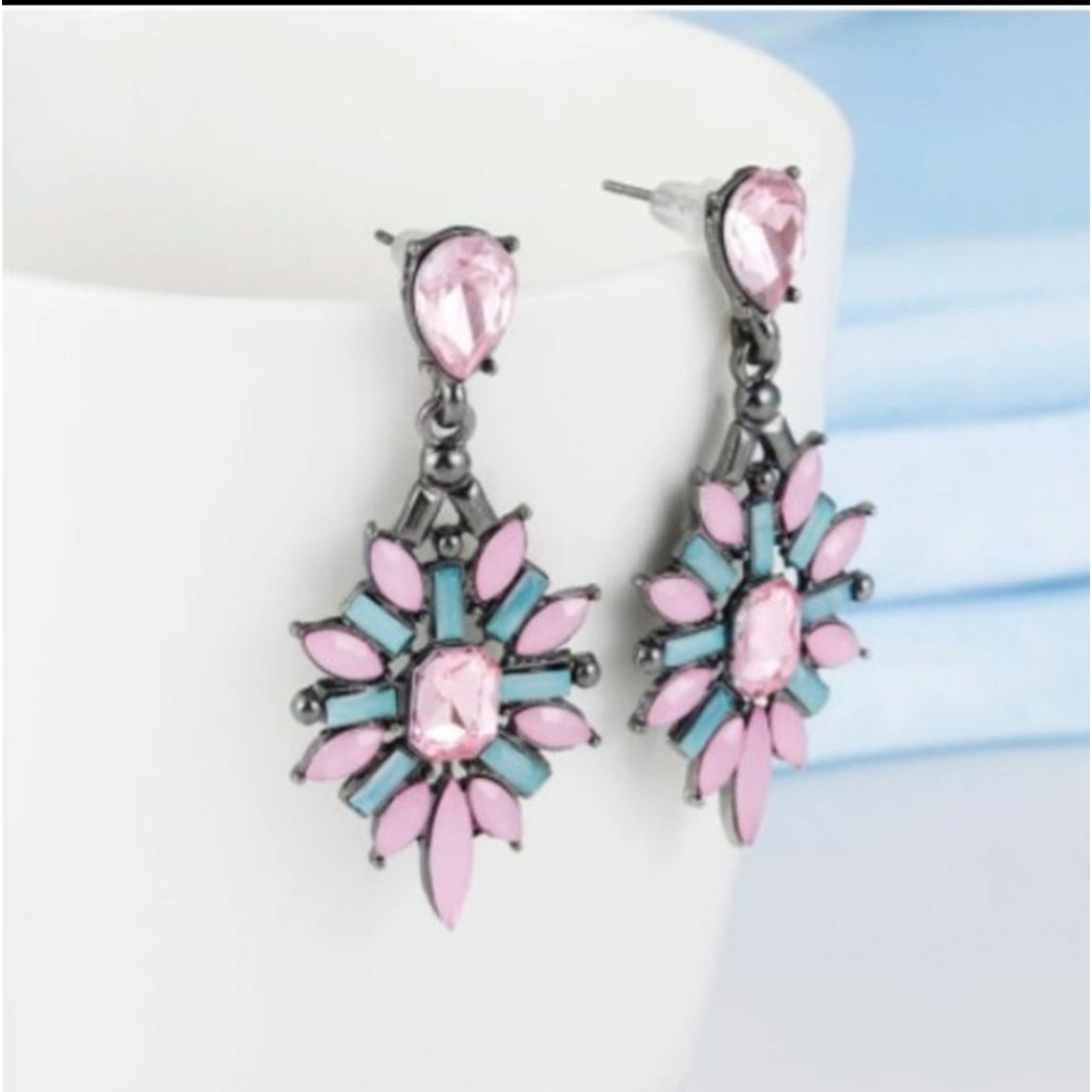 Crystal Flower Drop Statement Earrings Pink & Blue